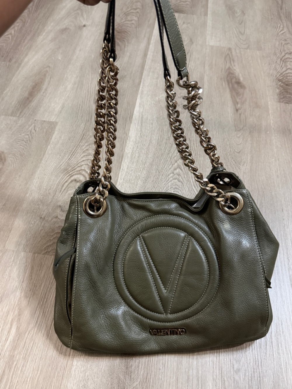 Valentino Olive Green Leather Shoulder Bag with Gold Chain Strap - Picture 8 of 12